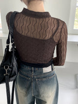 ルーティングウェーブシースルークロップ長袖ブラウス / Rooting wave see-through cropped long-sleeved blouse