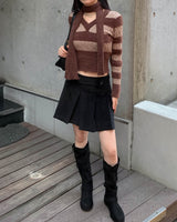 Crop stripe muffler knit set