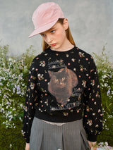 フラワーキャットレタリングスウェットシャツ / Flower Cat Lettering Sweatshirt (Black)