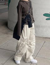 バイオウォッシングコットンワイドクリームカーゴパンツ / Bio-washing Cotton Wide Cream Cargo Pants