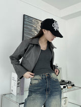 two-way crop leather jacket [2color]