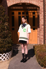 ライトグリーンCパッチvネックニットベストユニセックス / Light Green C Patch V-neck Ivory Knitwear Vest