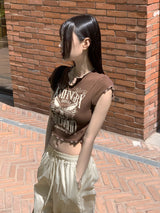 リンキービンテージプリンティングレタリングウェーブクロップド半袖 Tシャツ / Linky Vintage Printing Lettering Wave Cropped Short-Sleeved T-Shirt