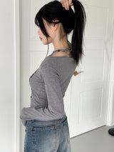 フックルビーズホルターストラッププリント長袖Tシャツ / hook beaded halter thong print long sleeve t-shirt