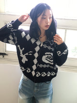 Beorose jacquard pattern hooded knit zip-up