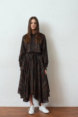 "PRE-ORDER 4/16~"  WOOD-CUT UNBALANCE FLARE SKIRT (Khaki) (6546130501750)