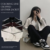 Midi color line loose fit cropped leather jacket (3 colors)