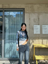 Denim see-through long sleeve top