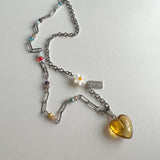 ハートフラワービーズヒップメイドネックレス / ely Yellow Orange Heart Flower Beads Hip Handmade Necklace