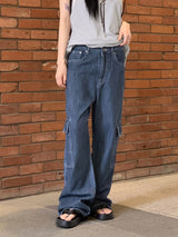 ビソップサマーフードファブリックワイドカーゴデニムパンツ / Bisopp Summer Hooded Fabric Wide Cargo Denim Pants