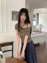オフショルダーシャーリングプリーツクロップ半袖Tシャツ/Cabo Off-Shoulder Shirring Pleated Cropped Short-Sleeved T-Shirt