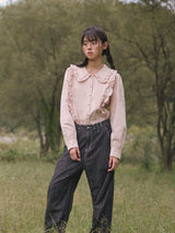 Frill Collar Ruffle-Tuck Blouse (2colors)