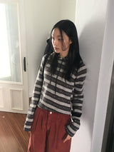 【10ウール】aloストライプ配色クロップフードニット