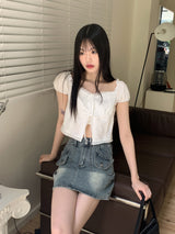 ティートンレトロポケットミニデニムスカート/Teaton Retro Pocket Mini Denim Skirt