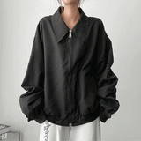 Edge Collar Shirring Two-Way Zip-Up Jumper