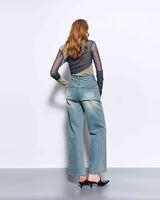 (Recycled) Distressed Denim Layered Wide Pants _ Blue