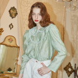 Flower Embroidered Pintuck Blouse (Yellow Green) (6681270714486)