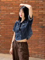 ブベルセミクロップド半袖デニムシャツジャケット / Bubel semi-cropped short-sleeved denim shirt jacket