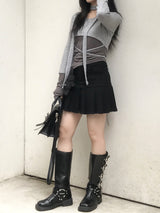 High-Waist Cutting Damage Pleated Skirt
