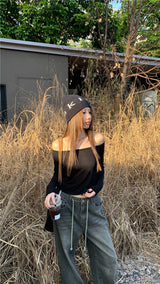 Black off-the-shoulder backless top