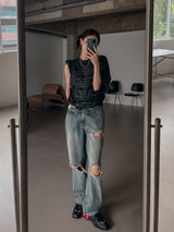 (UNISEX) ダメージチェッカーワイド デニム