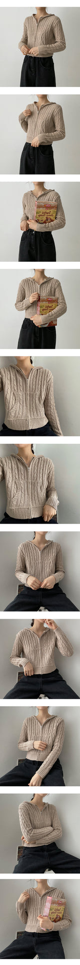 テリーツイストブレッドベースクロップドニットフーディジップアップ / Terry Twisted Bread-based Cropped Knit Hoodie Zip-Up
