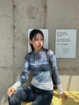 Denim see-through long sleeve top
