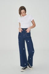 ワイドフィットハートシェープ刺繡ジーンズ/WIDE FIT HEART SHAPE EMBROIDERY JEAN [6887]
