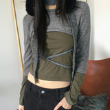 Warp two-tone color combination strap crop long-sleeved T-shirt