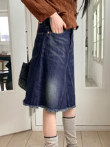 Bamit Vintage Washing Slit Midi Denim Skirt
