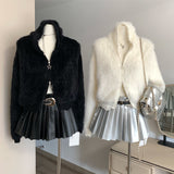 Angora hood knit zip-up