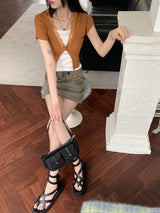 コシットレースボタンVネッククロップド半袖カーディガン / Cosit lace button V-neck cropped short-sleeved cardigan