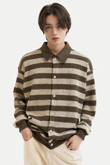 ストライプカラーカーディガンシャツ/Striped collar cardigan shirt C7 Oatmeal&Brown