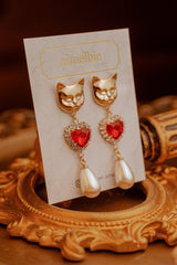 メルビーザキャットシリーズ - エメラルドスクエアアンドパールピアス / Melbie The Cat Series - Emerald Square and Pearls Piercing