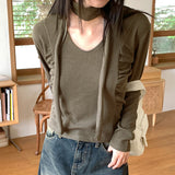 [Scarp Set] Purden V-neck Side Shirring Cropped Long-Sleeved T-shirt