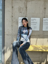 Denim see-through long sleeve top