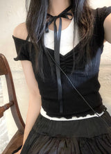 romantic lovely ribbon choker frill ribbed T-shirt
