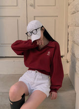 [New spring product 10%][BELLIDE MADE]襟付きクロップド刺繍スウェットシャツ