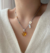 ハートフラワービーズヒップメイドネックレス / ely Yellow Orange Heart Flower Beads Hip Handmade Necklace
