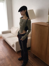 Tempt off-shoulder cut line ribbed crop zip-up