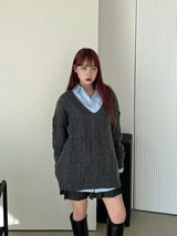 ウールVネックツイストニット/Wool V-neck Twist Knit (3color)