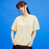 ストライプヘンリーネックハーフスリーブニット/Stripe henley neck half sleeve knit