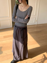 TL Striped Deep U-Neck Long Sleeve T-Shirt