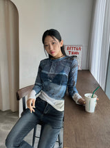 Denim see-through long sleeve top