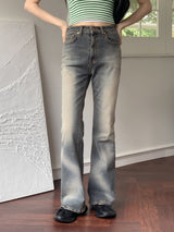 ポイント 斜めウォッシング スパン ロング ブーツカット デニムパンツ/ Syalotte Point Diagonal Washing Spandex Long Bootcut Denim Pants