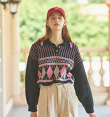 Argyle Knit Pullover (Black) (6643497828470)
