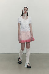 RIBBON SHIRRING SHORT SLEEVE BLOUSE [WHITE]