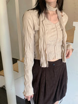 トリーVネックシャーリングプリーツクロップドロングスリーブTシャツ