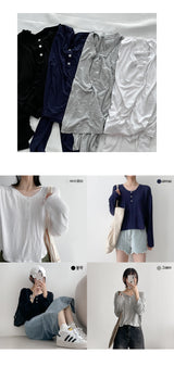 アンティークチャランスパンデックスボタン長袖Tシャツ / antique chalan spandex button long-sleeved T-shirt