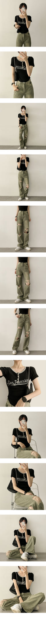 Deep washing damage color denim wide pants